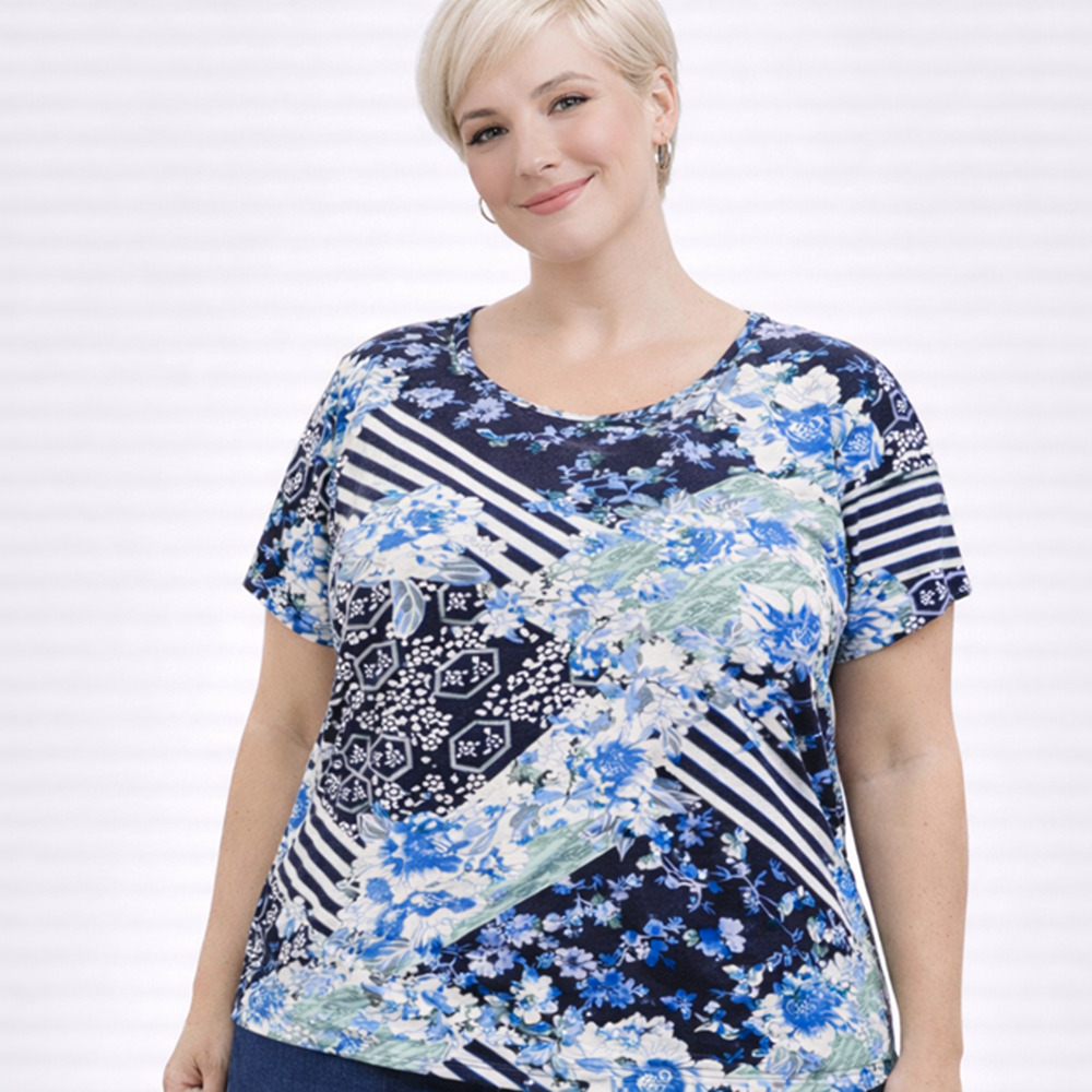 T-Shirt Blue Floral Ruched Soft Casual Bandana Whimsey Cottagecore Y2K Size 1X